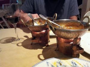 Food is served in these typical copper pots to keep it warm. at Taj Mahal in Santander