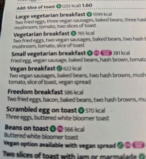 Vegan and vegetarian options clearly marked on menu at LHR - The Crown Rivers -  JD Wetherspoon - T5 in West London