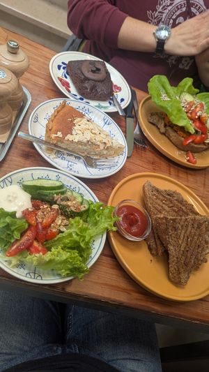 Brownie, frangipane pie, croque (~grilled cheese) with salad, toast at Plantbar Jacqueline in Borgerhout