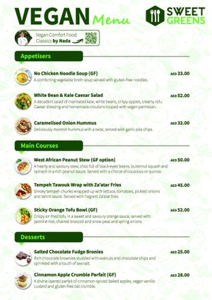 The Sweet Greens Vegan Menu by Nada features hearty, flavorful plant-based dishes, from comforting soups to wholesome mains and indulgent desserts—perfect for a nutritious, satisfying meal. at Sweet Greens Restaurant in Abu Dhabi