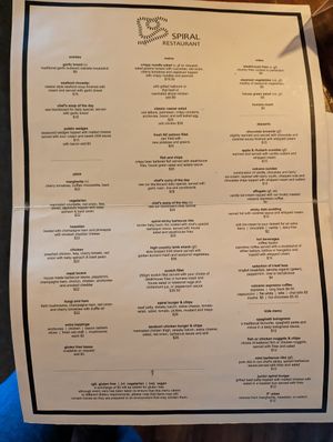 Menu at Spiral Restaurant in National Park