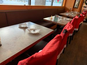 Chairs decorated for Christmas at Lai Thai Kitchen in Grand Rapids