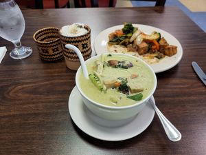 Tofu Green Curry with Sticky Rice and Tofu Pad Kee Mao (Drunken Noodle) at Bangkok Thai Food Express in Lebanon