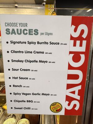 The hot sauce and the bottom three sauces are vegan  at Fresh Burrito in Guelph