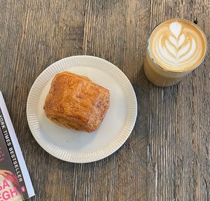 Pain au Chocolate and an oat milk lattee  at Feast & Fallow in Vancouver