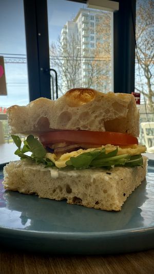 Breakfast sando w focaccia    at Feast & Fallow in Vancouver