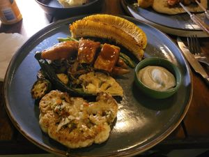 BBQ Vegan: Grilled homemade Tempeh,Mushrooms, Cauliflower, Zucchini,vegan Mayo at Charcoal Bay Wine & Grill in Koh Tao