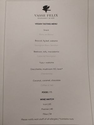 Menu at Vasse Felix in Wilyabrup
