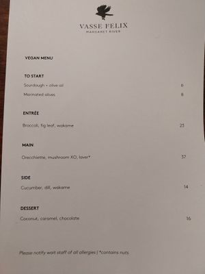 Menu at Vasse Felix in Wilyabrup