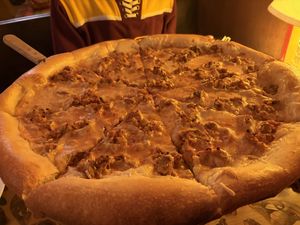 Vegan cheese pizza w bbq tempeh   at Satchel's Pizza in Gainesville