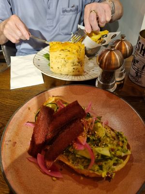 Avocado on toast with added This Isn't Bacon at Pom's Kitchen & Deli in Lichfield