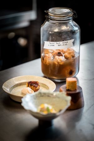 Tatin tart ( apples), vegan biscuit with orange flowers, ice cream of butternut seeds - VEGAN plates  , plant-based gastronomy  at Entropy in Brussels