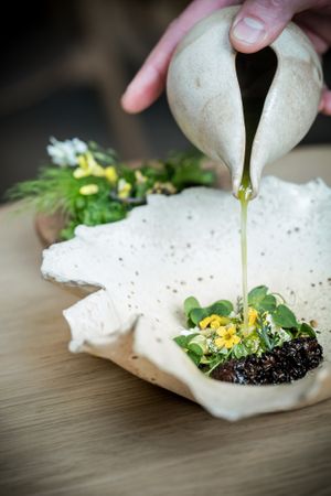 Mushrooms, green peas and tagetes - VEGAN plate , plant-based gastronomy  at Entropy in Brussels