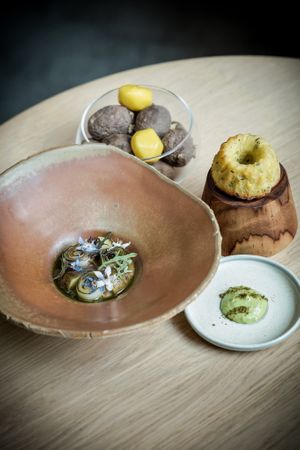 Confit kholrabi, miso & nettle juice at Entropy in Brussels