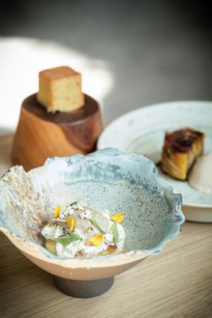 Tagetes, butternut seeds ice cream, fir cream at Entropy in Brussels