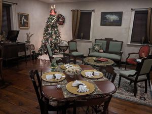 Dining room, decorated for the holidays at The Epochary Inn in Ambridge