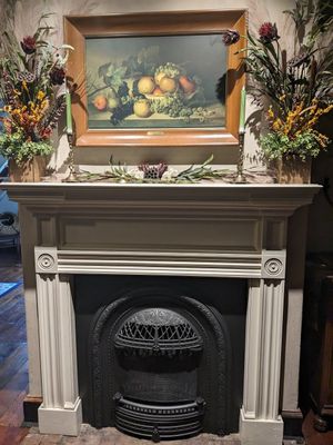 Fireplace in the dining room at The Epochary Inn in Ambridge