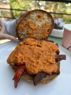 Seitan steak and cheese sandwich on ciabatta roll  at Little Loaf Bakeshop in New Paltz