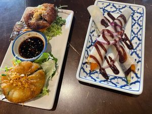 Chive dumplings and duck pancakes  at Madame K's Vegetarian in Fitzroy