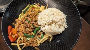 Pad krapow moo w/brown rice $17.90 at Madame K's Vegetarian in Fitzroy