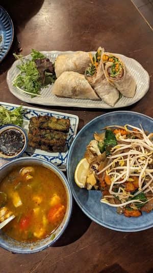Lamb sliders, Pad see ew, Tom yum soup, Chive dumplings at Madame K's Vegetarian in Fitzroy