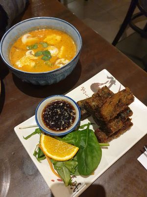 Tom Yum soup, Chive dumplings (both delicious) at Madame K's Vegetarian in Fitzroy