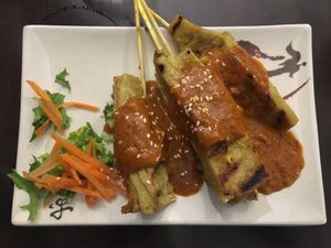 “Chicken” satay skewers, with peanut sauce. at Madame K's Vegetarian in Fitzroy