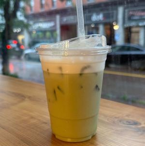 Vanilla matcha. Milk options include oat, almond, coconut, soy. at Sip Stirs in Pembroke