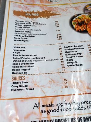 Menu at Café Zoo - La Marmite Royale in Windhoek