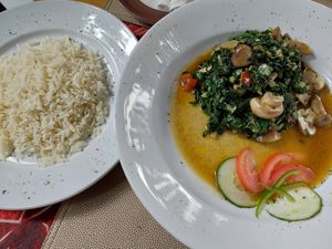 Fried Mushroom & Spinach with rice (128 NAD) at Café Zoo - La Marmite Royale in Windhoek