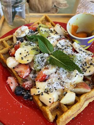 Sweet potato waffles with fruit   at A Padaria in Aljezur