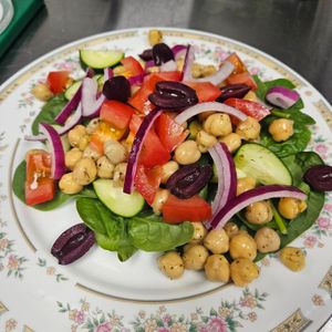 Greek Salad - choose a protein of chick peas or seasoned tempeh at Snapdragon Tea in Albuquerque