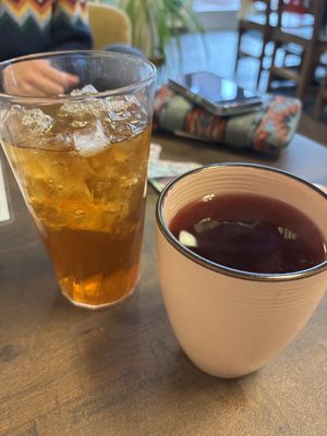 Iced prickly pear + hot Ruby Refresher tea  at Snapdragon Tea in Albuquerque