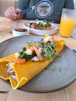 Indian pancake and mushroom french toast at Offbeet - Southsea in Southsea