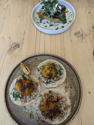Forest mushrooms on wild garlic french toast 
To'fish' tacos (without the nut based creme fraiche or parmesan creme) at Offbeet - Southsea in Southsea
