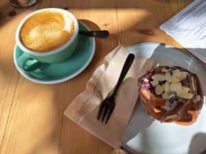 Oat Flat White and Bakewell Bun at Offbeet - Southsea in Southsea