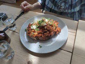 Harissa, aubergine and butterbeans on sourdough at Offbeet - Southsea in Southsea