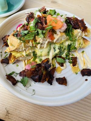 Waffle from Oct 2024 menu, with coconut bacon, cheesy kale sauce and pickled veg- so nice!   at Offbeet - Southsea in Southsea