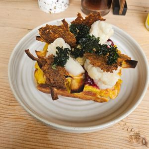 Parsnip & daikon radish bacon grilled cheese waffle at Offbeet - Southsea in Southsea