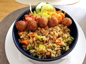 Rice with falafel. at Nha Gost in Santa Maria