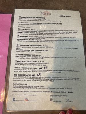 One side of the menu. Also separate menu with toasties and drinks   at Kawa Cafe in Surry Hills
