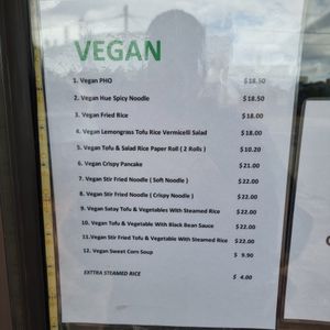 Vegan menu at Vietnamese kitchen at Pho Square in Werribee