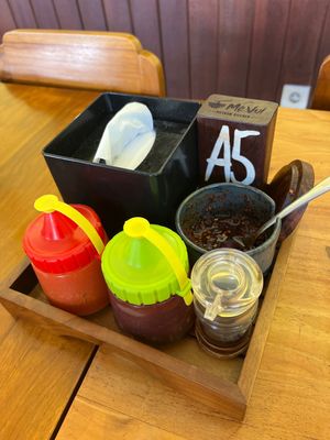 Condiments on each table  at Me Vui Vietnam Kitchen in Legian