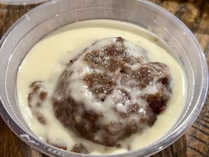 Semolina pudding with sauce (flavor was blackberry & peach this week )  at Krishna Food in Christchurch