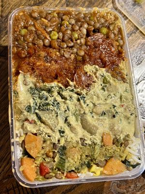 Large mixed takeaway: Daal, veggie balls with tomato chutney, veggies with sunflower seed ‘cheese’ sauce, mixed veggies, basmati rice. They had already sold out of veg lasagne. at Krishna Food in Christchurch