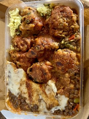 Today’s large combo: Shepherds pie, tofu & mixed veg curry, rice, & veggie balls w/tomato chutney (extra balls at my request )  at Krishna Food in Christchurch