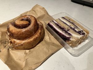 Cinnamon scroll & vanilla blueberry layer cake  at Krishna Food in Christchurch