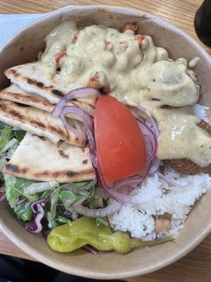 Chickpea bowl with falafel added  at Jayna Gyro in Emeryville