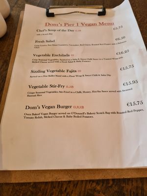 Vegan menu at Doms Pier 1 in Donegal