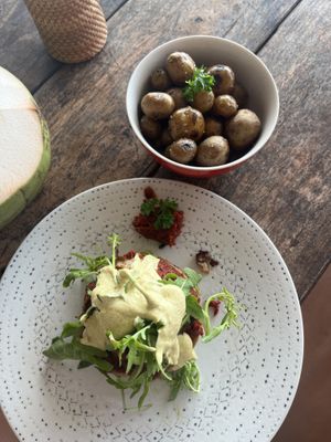 Savoury pancake stack and baby potatoes  at Bintang Tiga- 'Ra' Healing Food in 